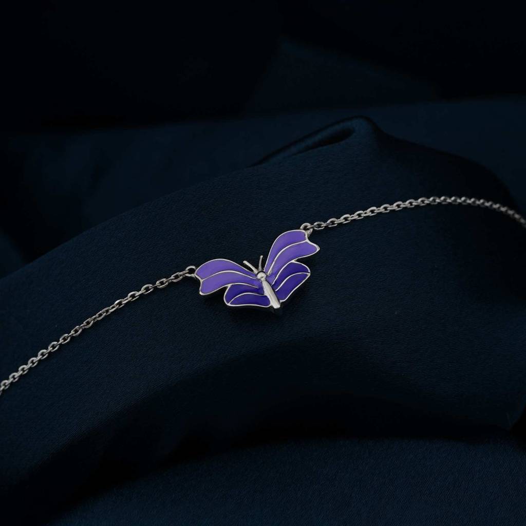 Silver Purple Enamel Butterfly Anklet : ZLA-1034