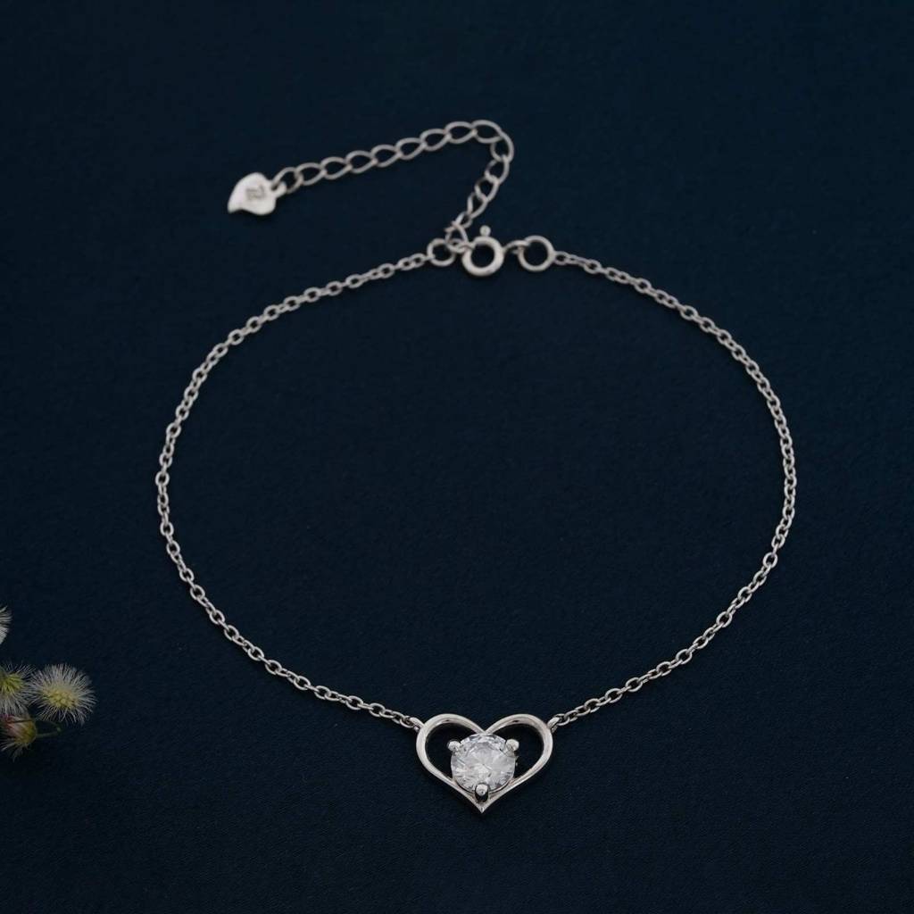 Silver Solitaire Heart Anklet : ZLA-1035