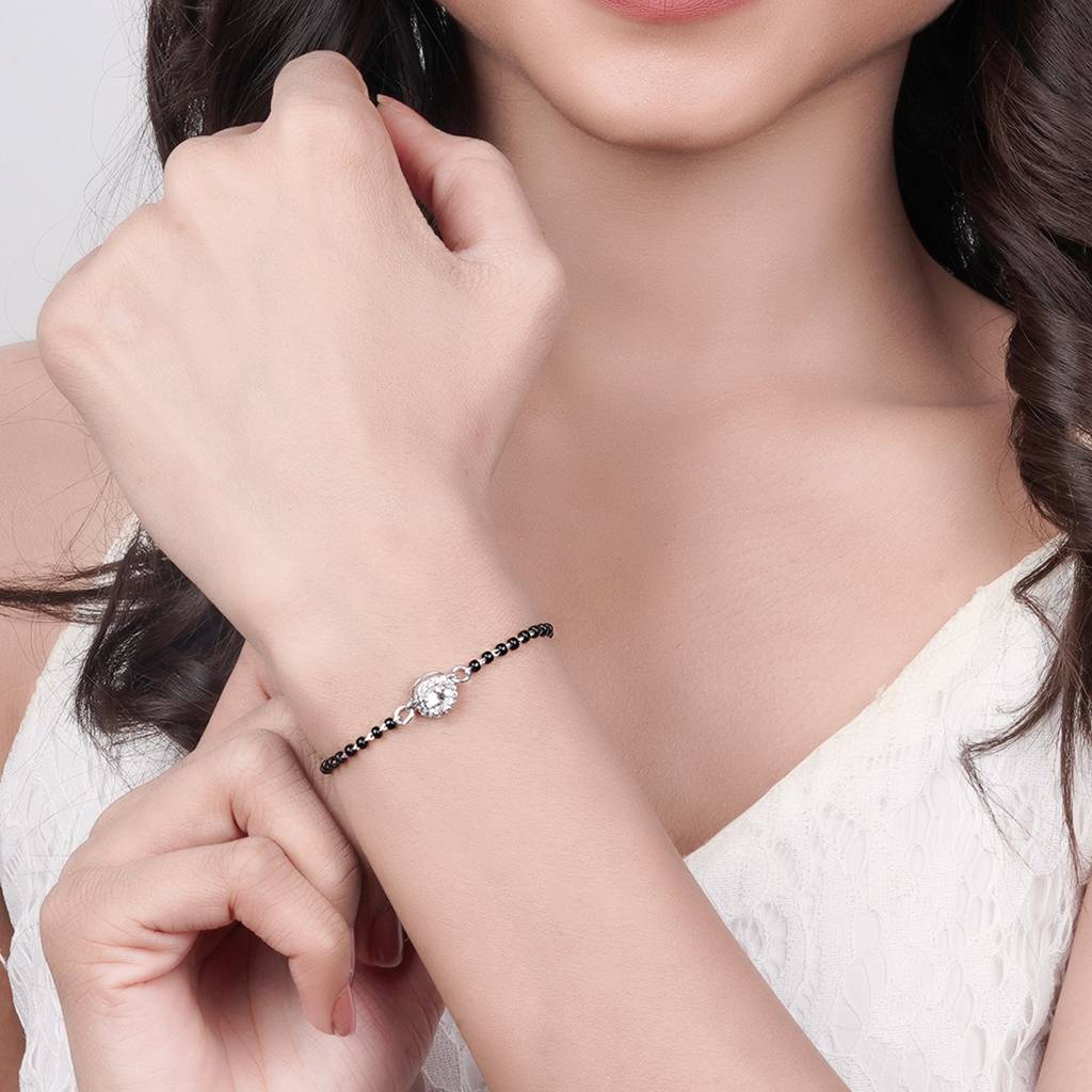 Silver Solitaire Halo Bead Bracelet : ZLBR-1018