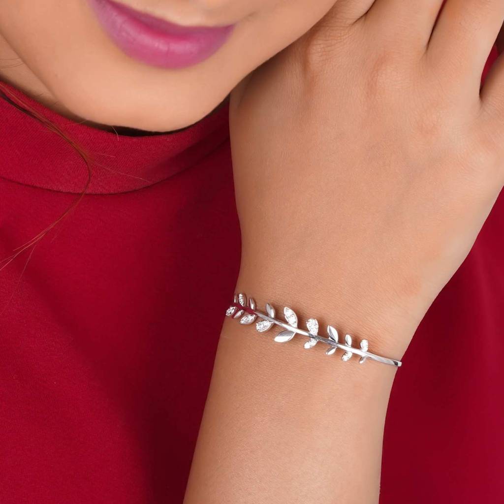 Silver Leafy Cuff Bangle Bracelet : ZLBR-1038