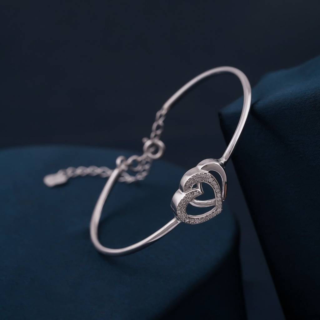 Silver Dual Interlocking Hearts Cuff Bracelet : ZLBR-1055