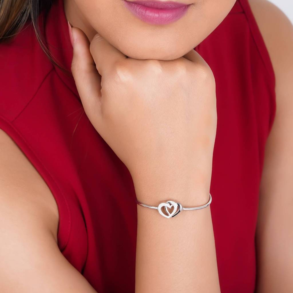 Silver Dual Interlocking Hearts Cuff Bracelet : ZLBR-1055