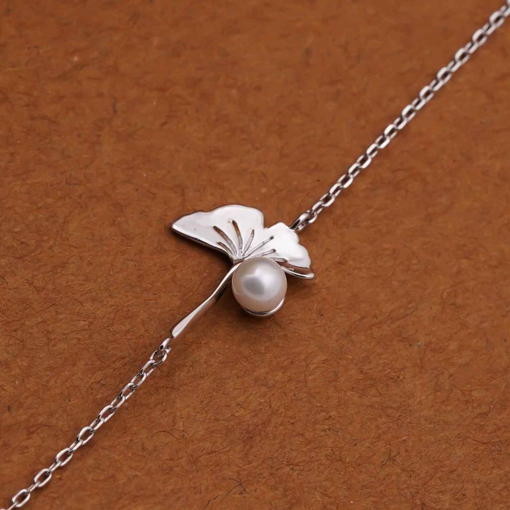 Silver Ginkgo Leaf Pearl Bracelet : ZLBR-1063