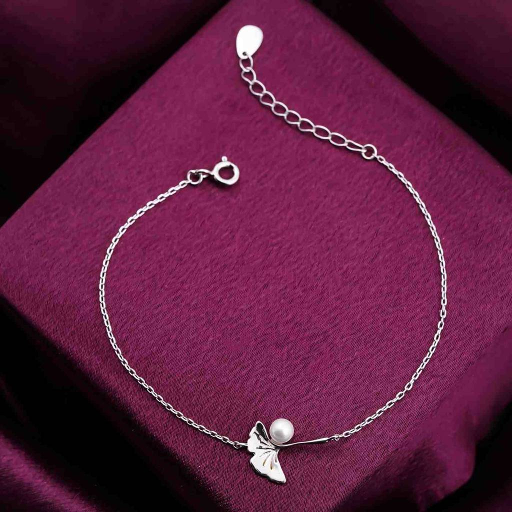 Silver Ginkgo Leaf Pearl Bracelet : ZLBR-1063