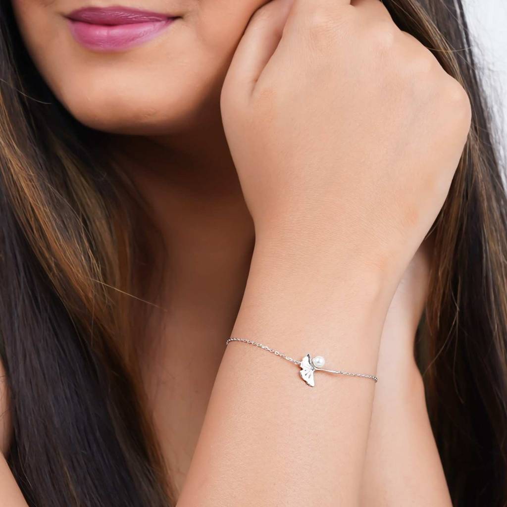 Silver Ginkgo Leaf Pearl Bracelet : ZLBR-1063