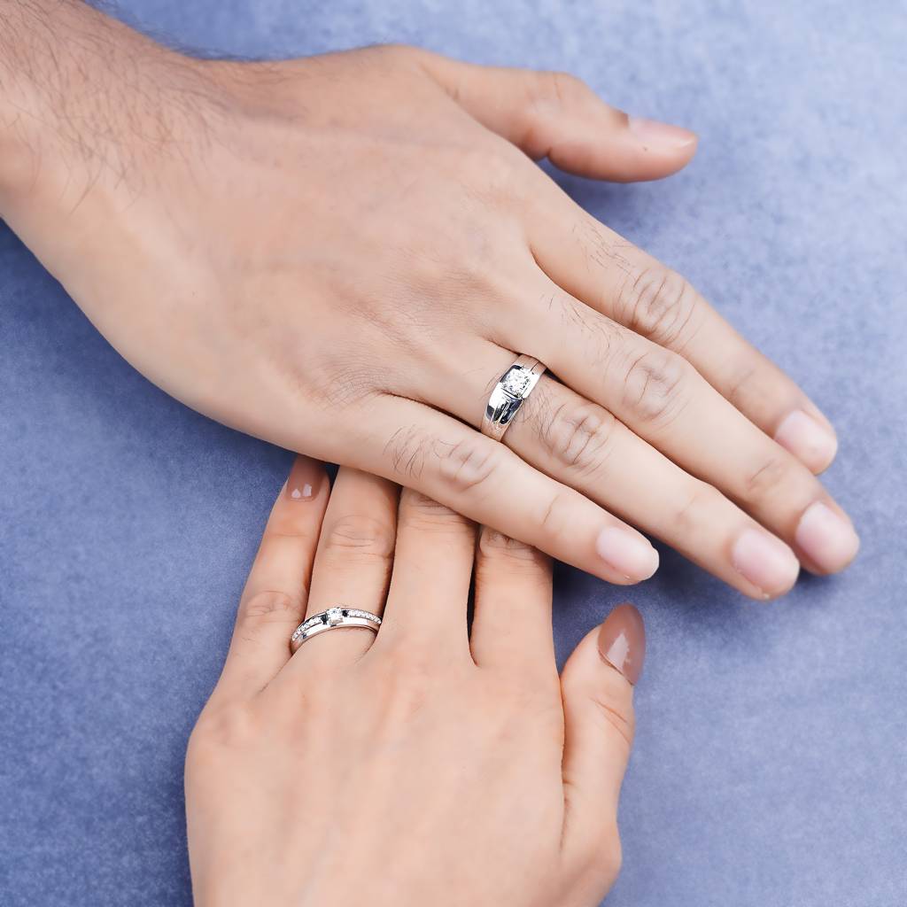 Silver Cubic Zirconia Solitaire Princess Couple Bands : ZLCPLR-1009