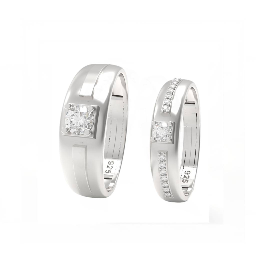 Silver Cubic Zirconia Solitaire Princess Couple Bands : ZLCPLR-1009