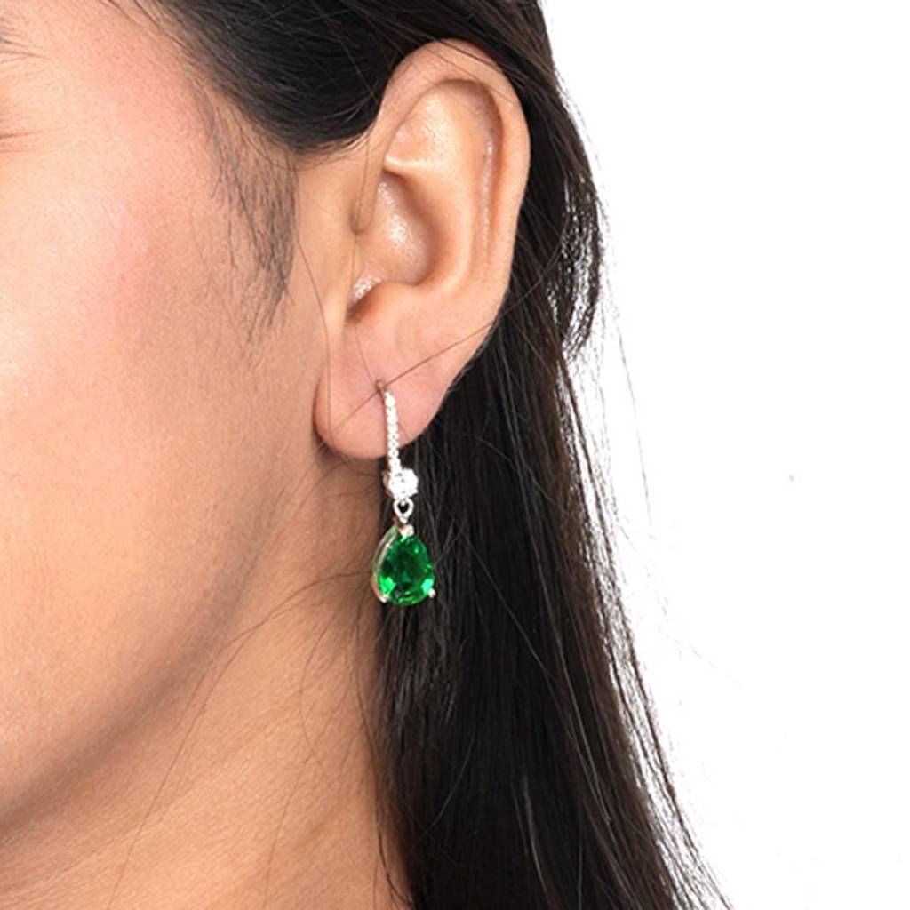 Silver Green Emerald Teardrop Earrings : ZLE-1006