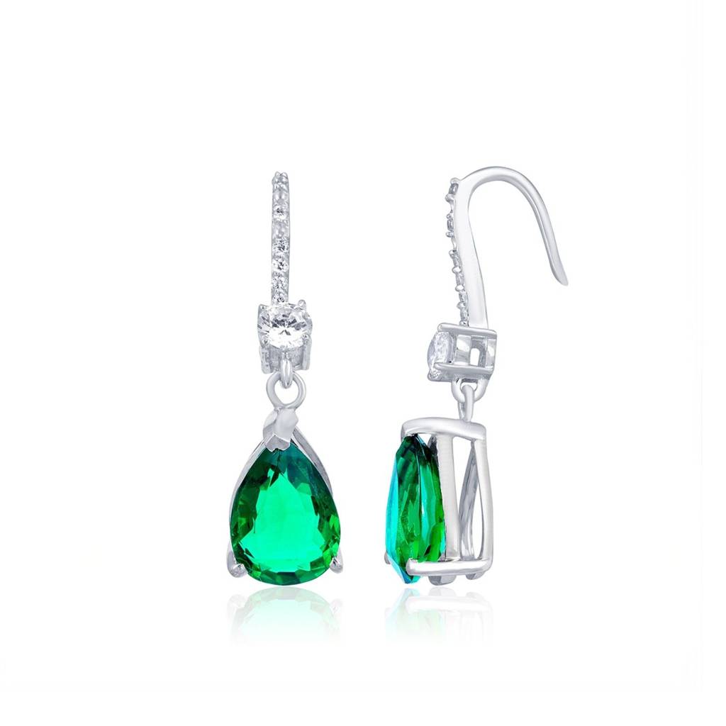 Silver Green Emerald Teardrop Earrings : ZLE-1006