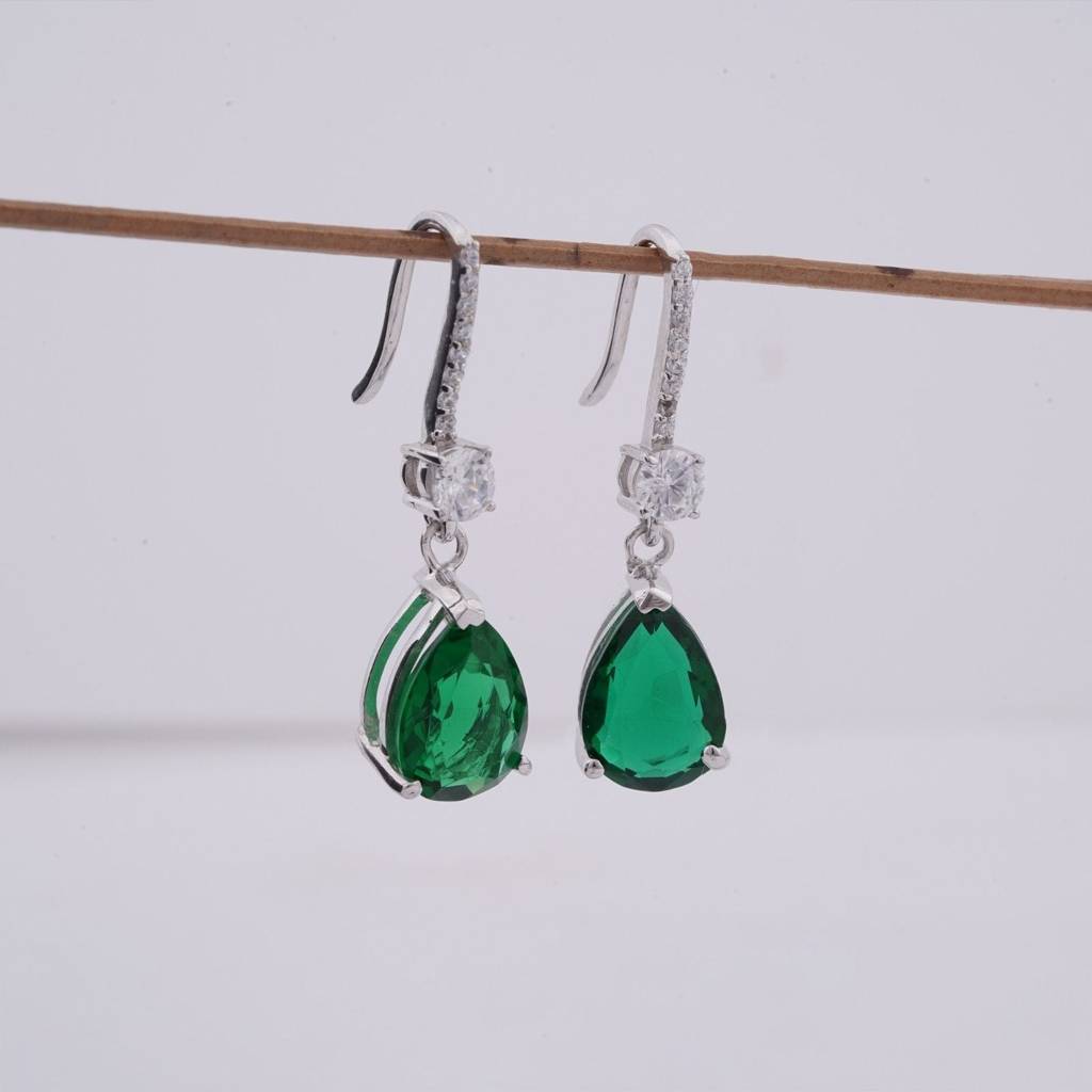 Silver Green Emerald Teardrop Earrings : ZLE-1006