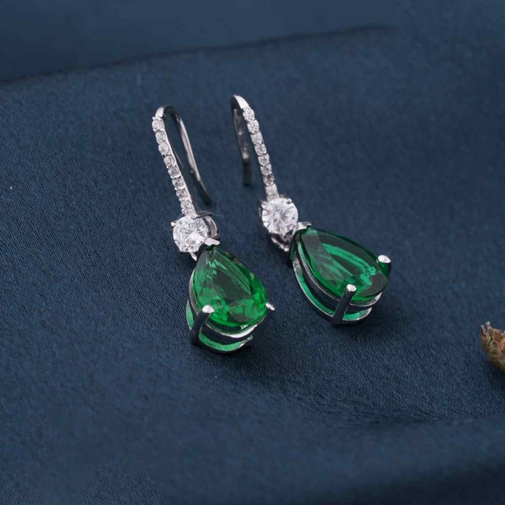 Silver Green Emerald Teardrop Earrings : ZLE-1006