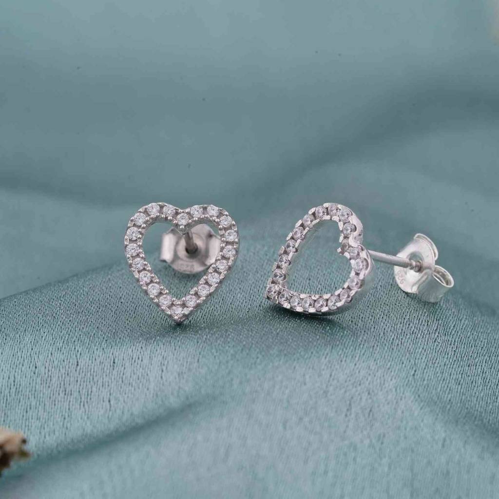 Silver Zircon Studded Heart Earrings Sterling Silver Silver - Main Image