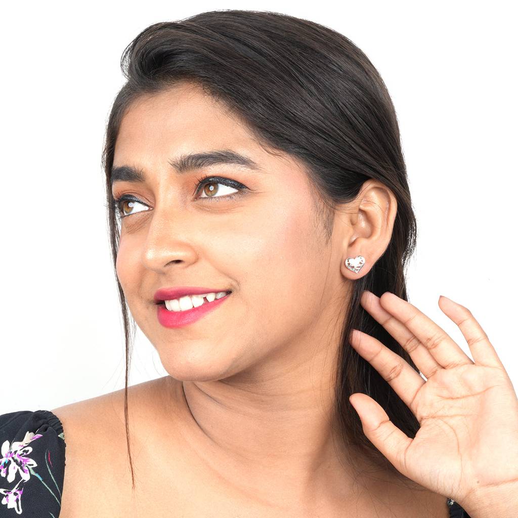 Silver Zircon Small Heart Stud Earrings : ZLE-1029
