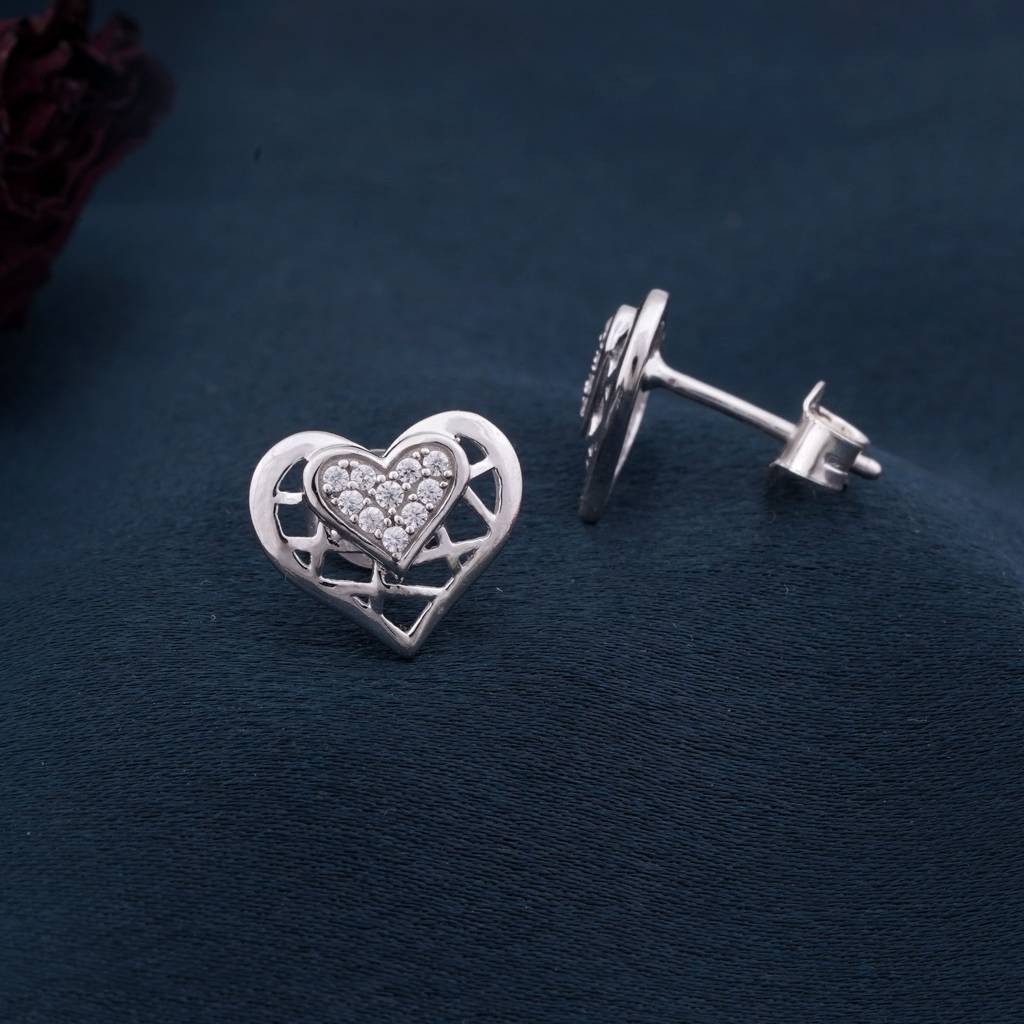 Silver Zircon Small Heart Stud Earrings : ZLE-1029