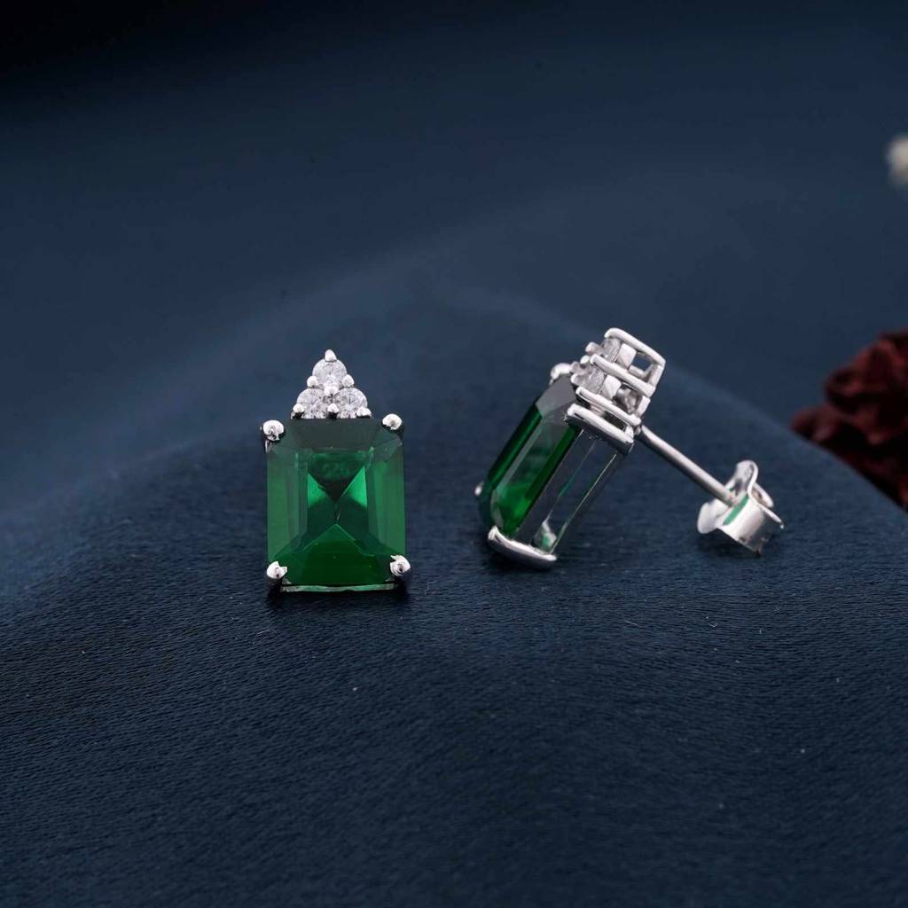Silver Forest Green Shining Studs Earrings : ZLE-1030