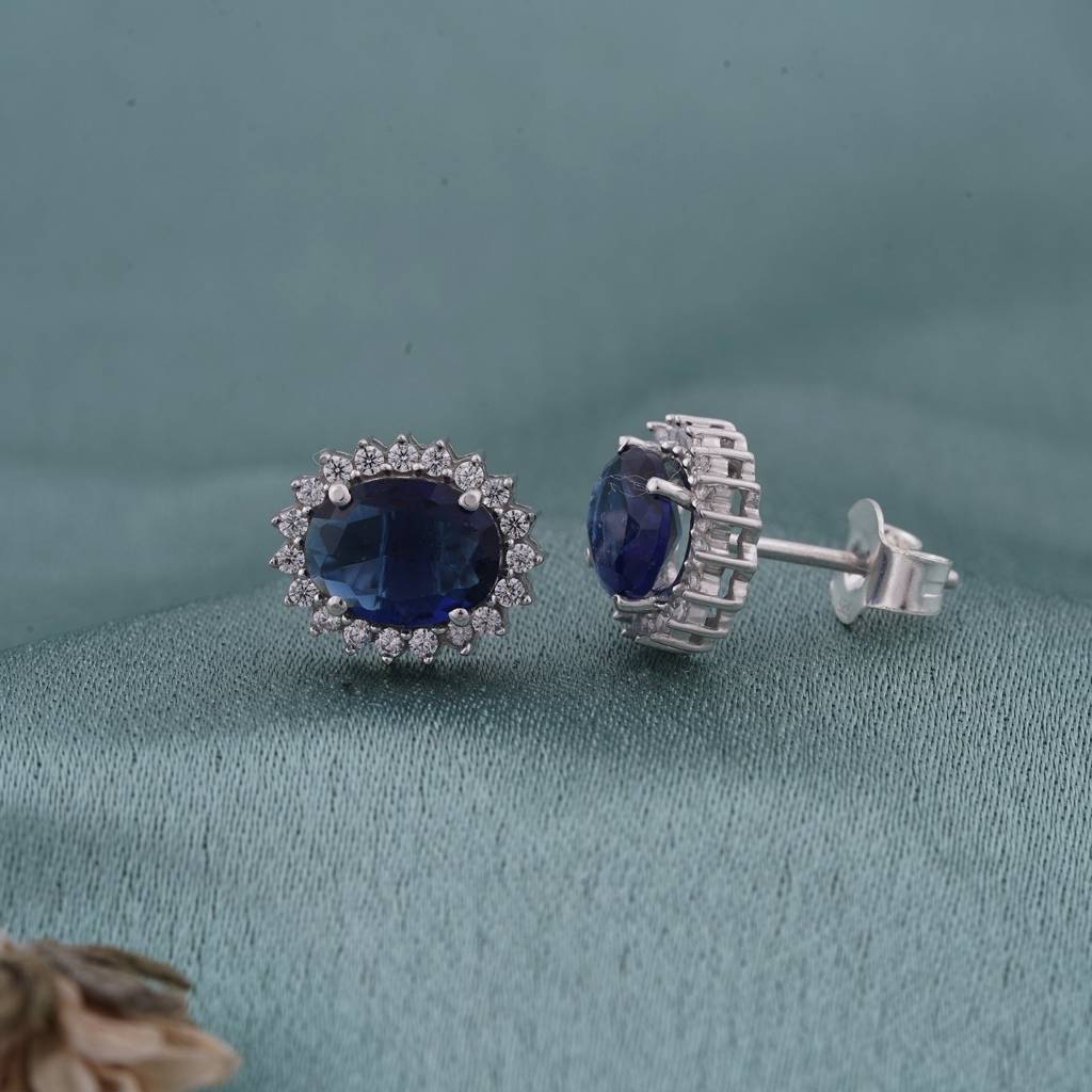 Silver Royal Blue Halo Studs For Girls : ZLE-1034