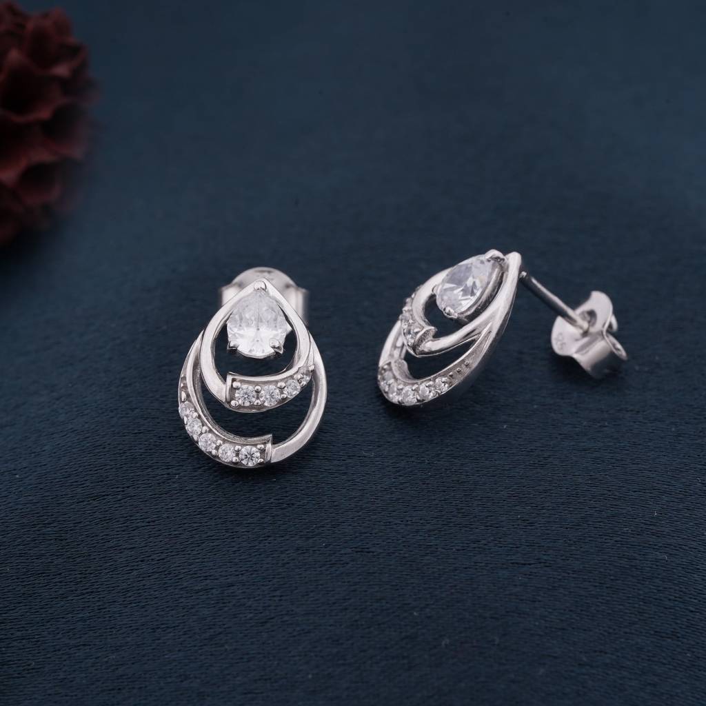 Silver Blossom Sparkly Stud Earrings : ZLE-1042