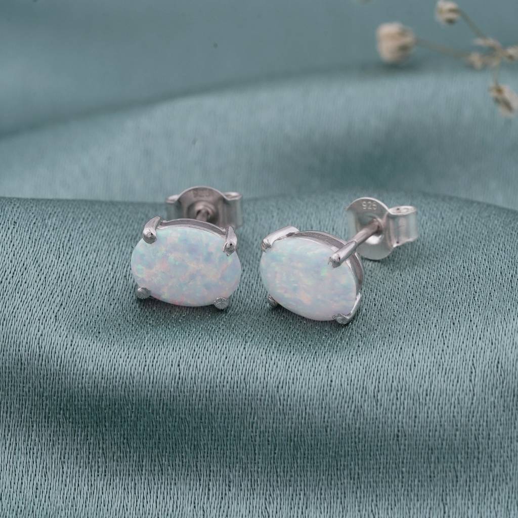 Silver Shiny Opal Stud Earrings : ZLE-1045