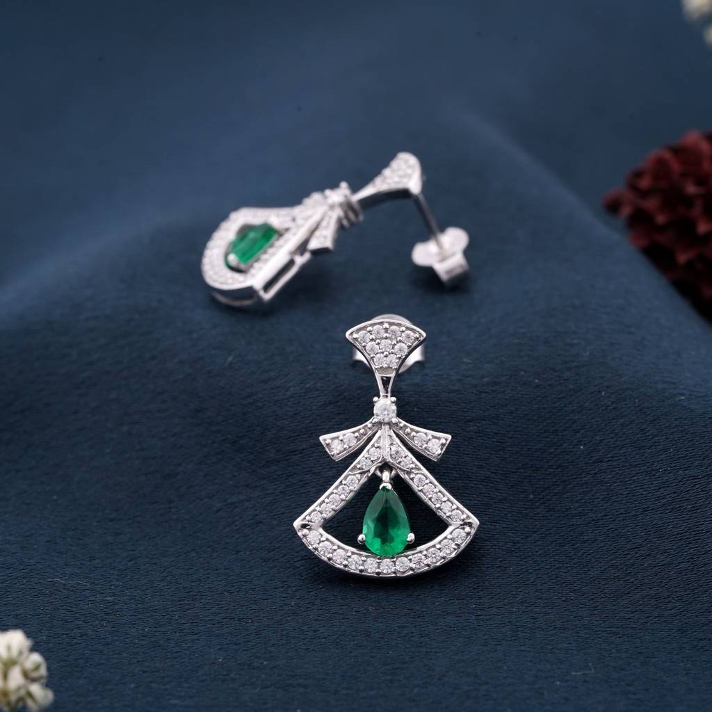 Silver & Green Hamsa Eye Earrings : ZLE-1048