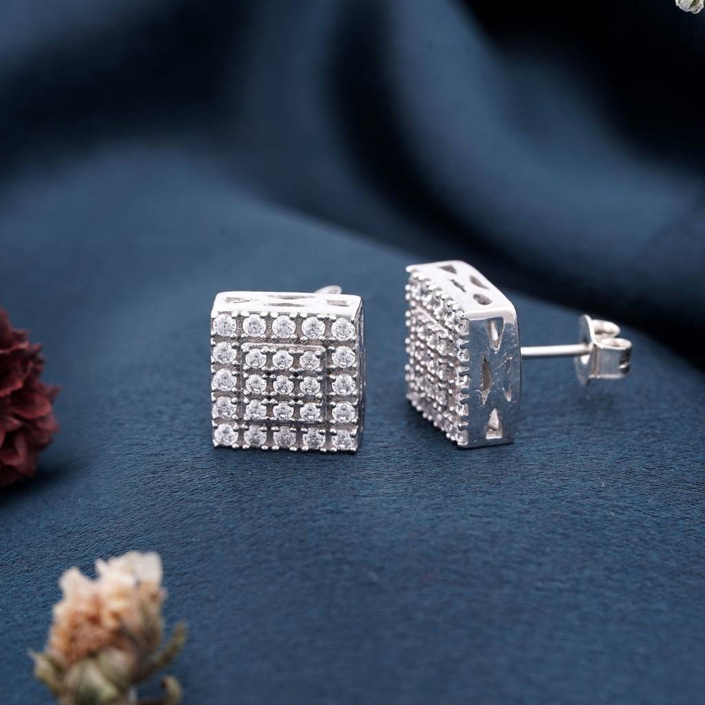 Silver Zircon Unisex Square Studs : ZLE-1052