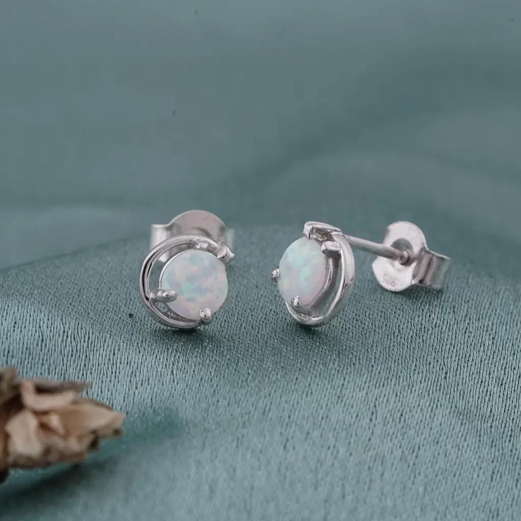 Silver Classy Solitaire Opal Studs : ZLE-1053