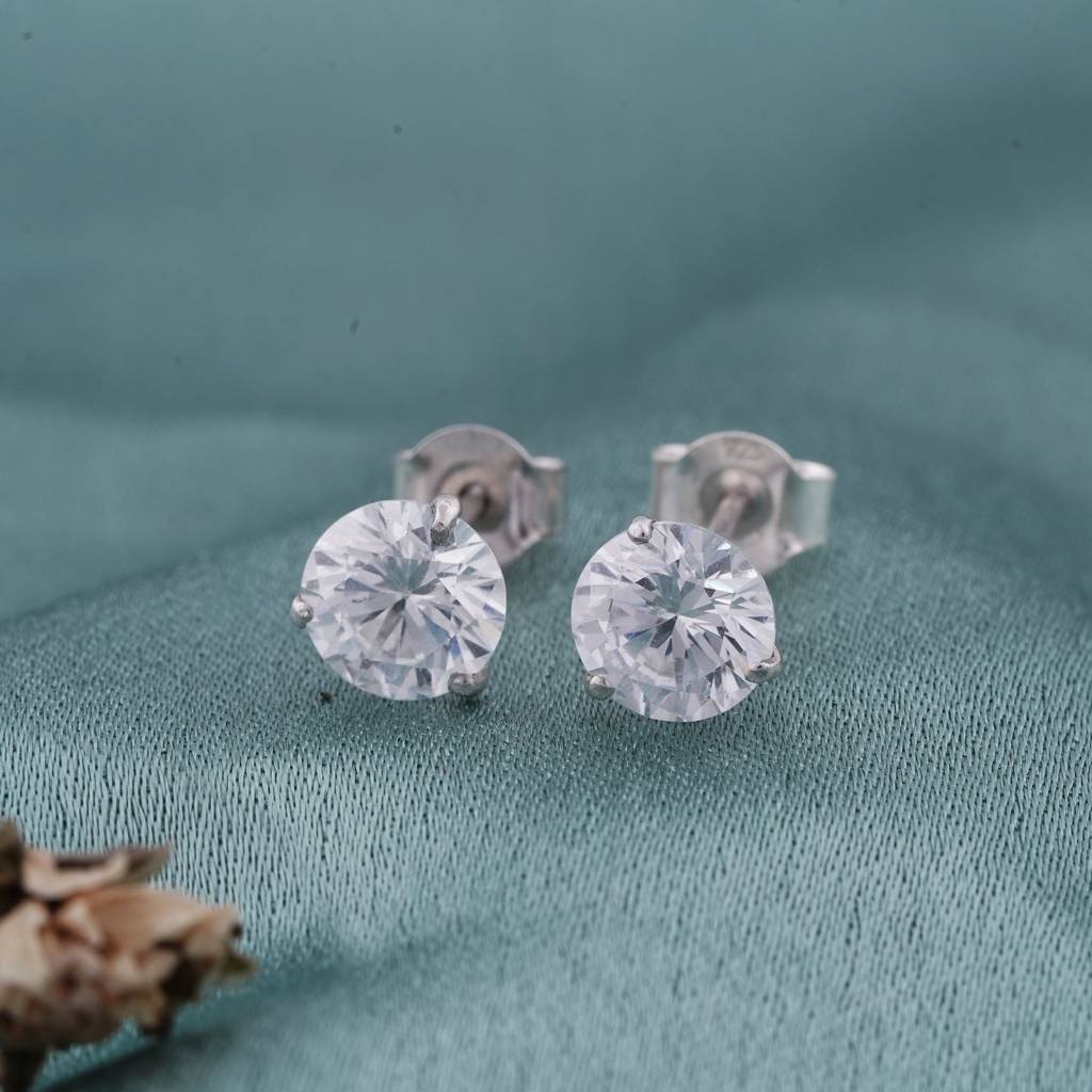 Silver Zircon Solitaire Dainty Studs : ZLE-1056