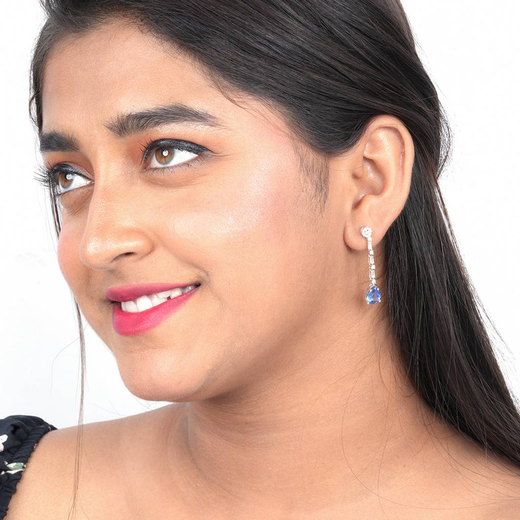 Silver Blue Sapphire Drop Dangle Earring : ZLE-1057