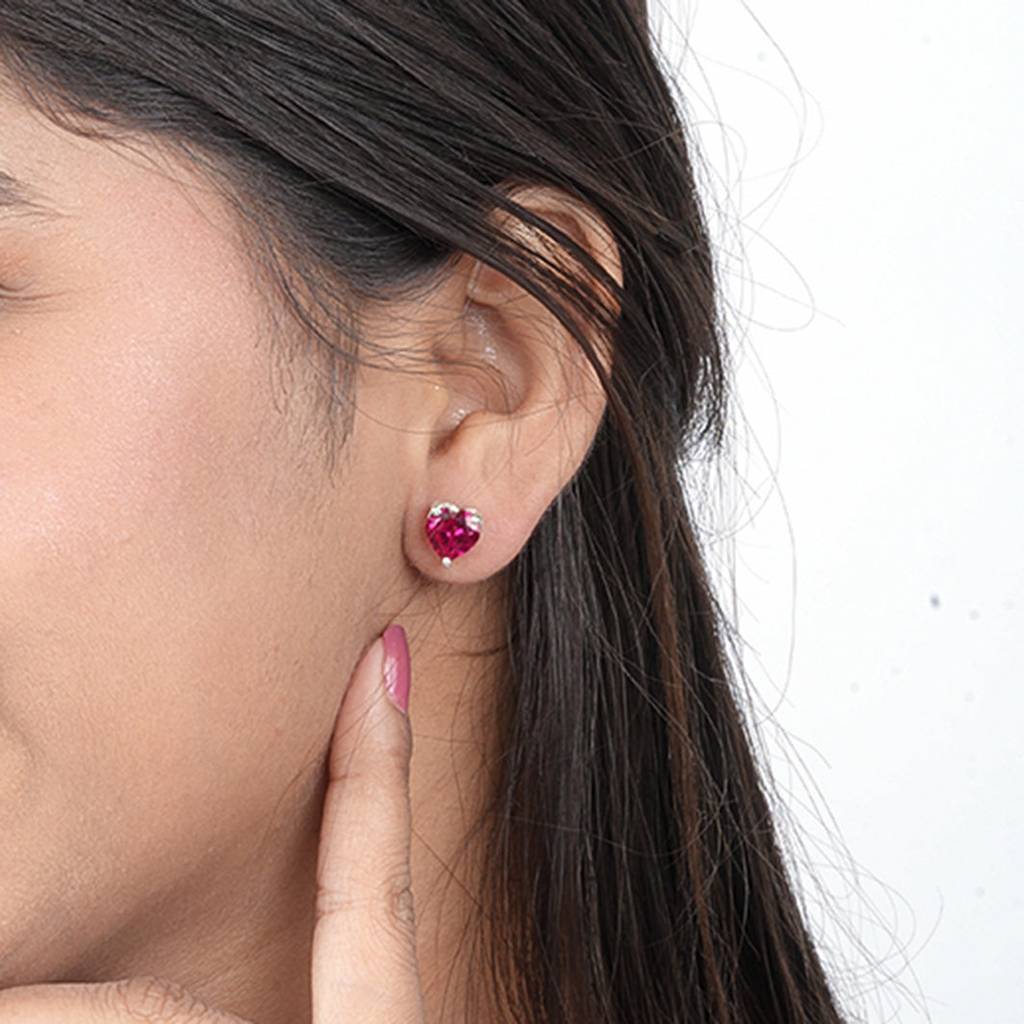 Silver Heart Red Ruby Stud Earring : ZLE-1058