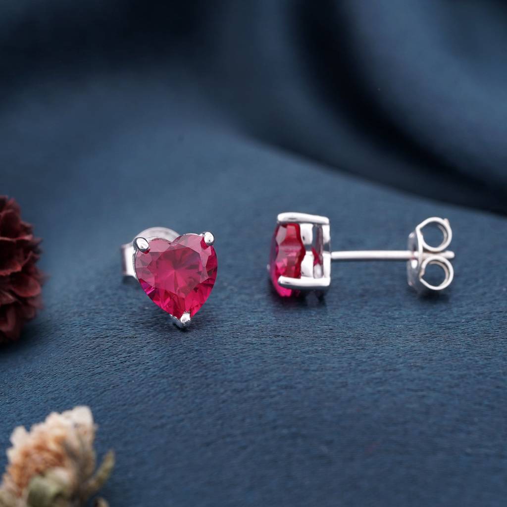 Silver Heart Red Ruby Stud Earring : ZLE-1058