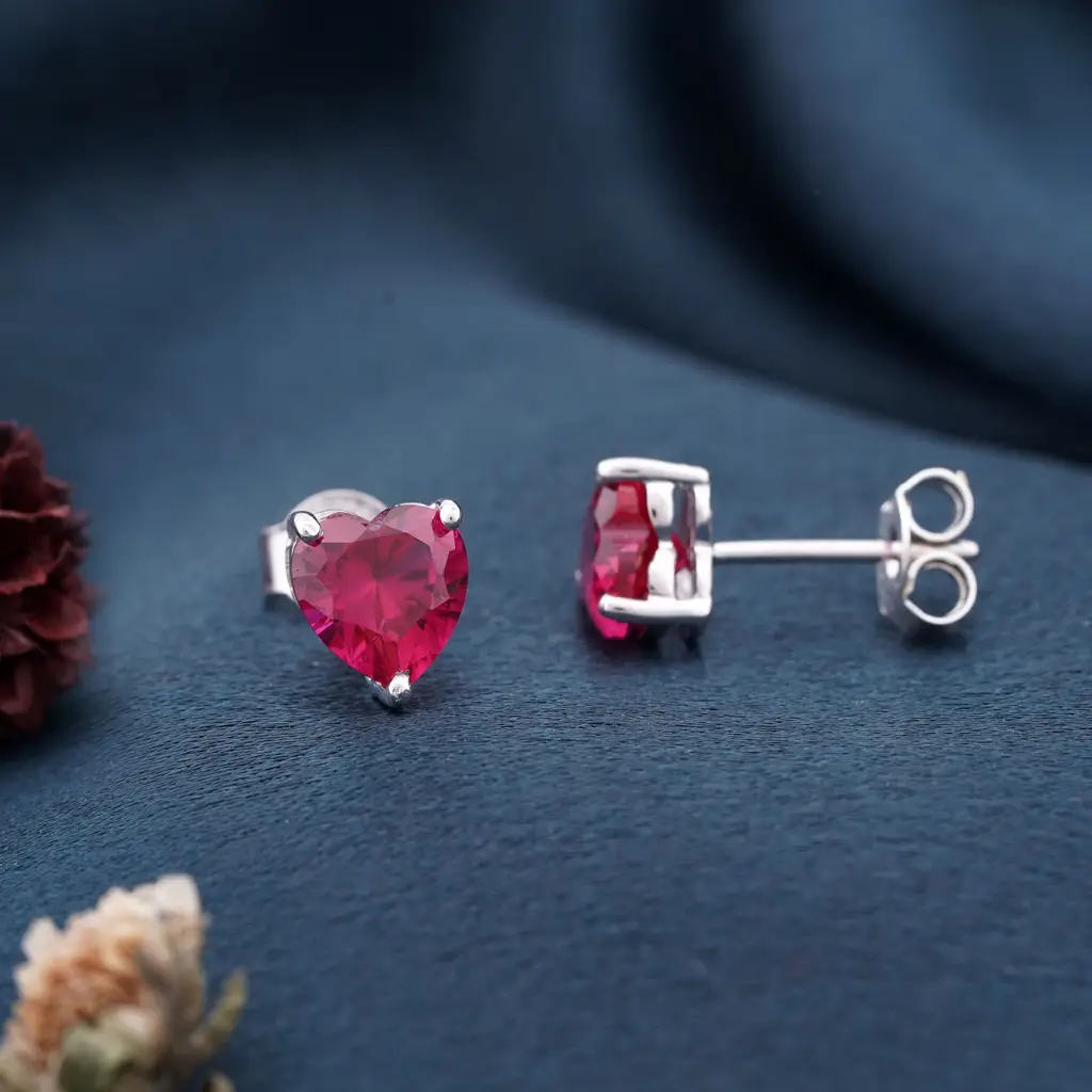 Silver Heart Red Ruby Stud Earring : ZLE-1058