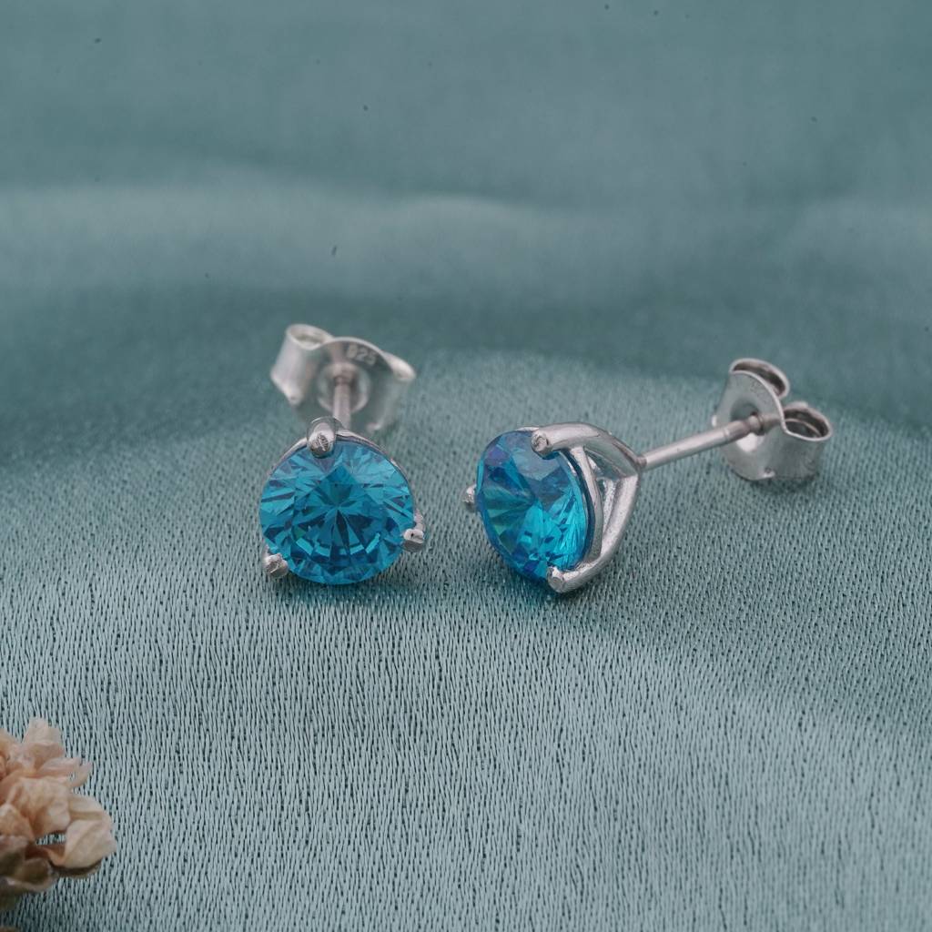 Silver Blue Topaz Push Back Stud Earrings : ZLE-1059