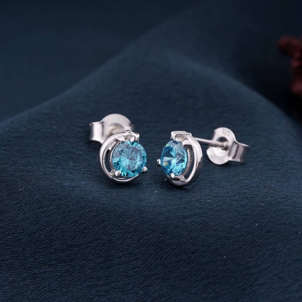 Silver Round Blue Topaz Stud Earring : ZLE-1060