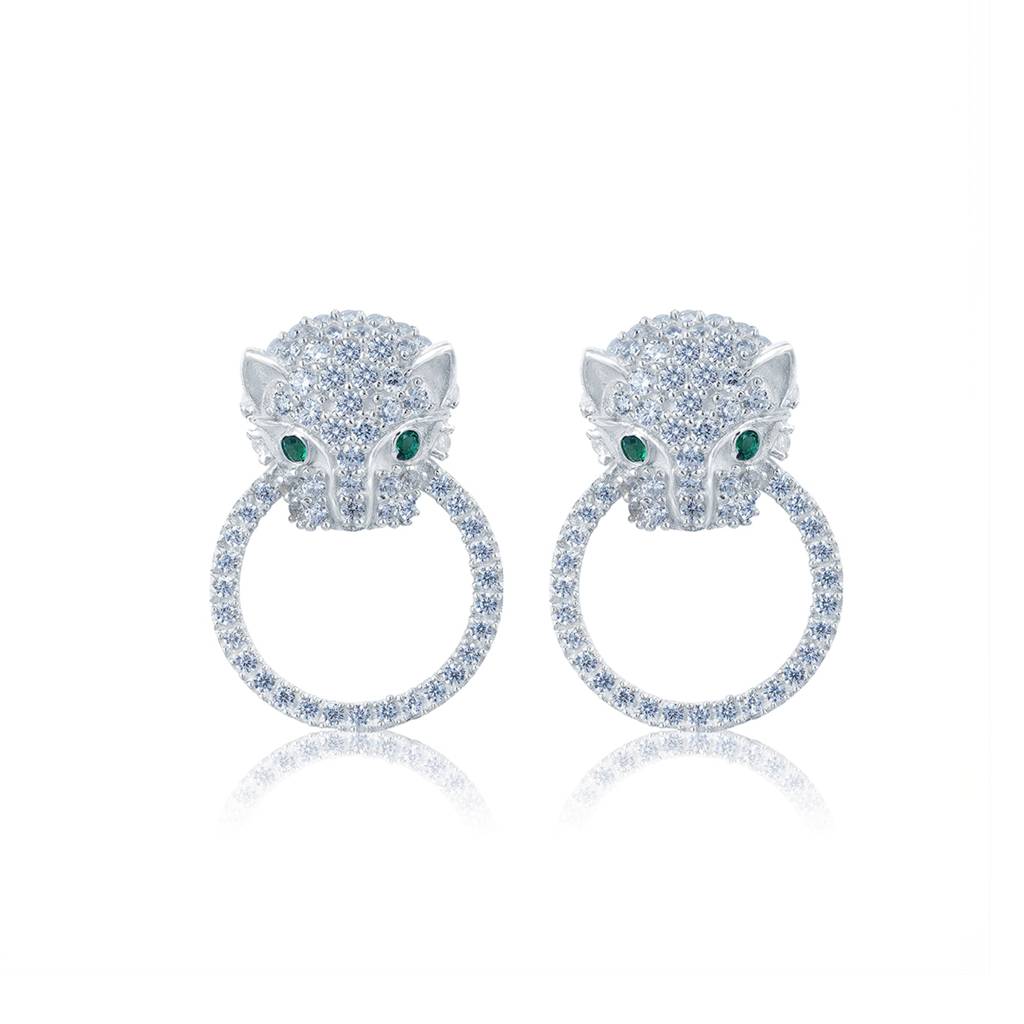 Silver Panther Face Shape Hoop Earring : ZLE-1061