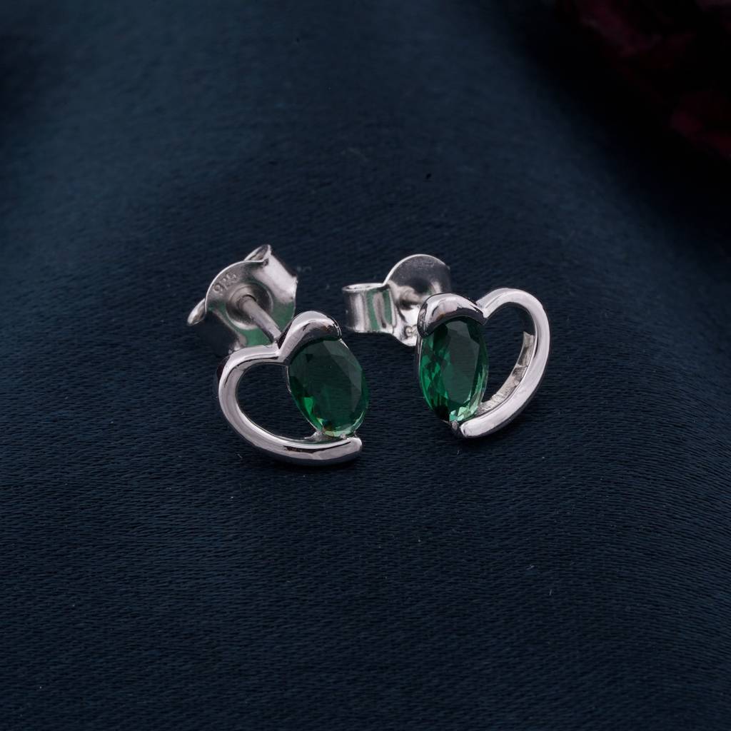 Silver Green Emerald Heart Love Stud : ZLE-1071