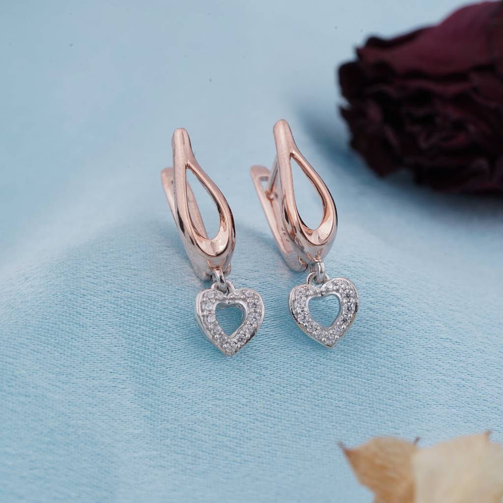 Two Tone Heart Drop Rose Gold Earrings Sterling Silver Rose Gold