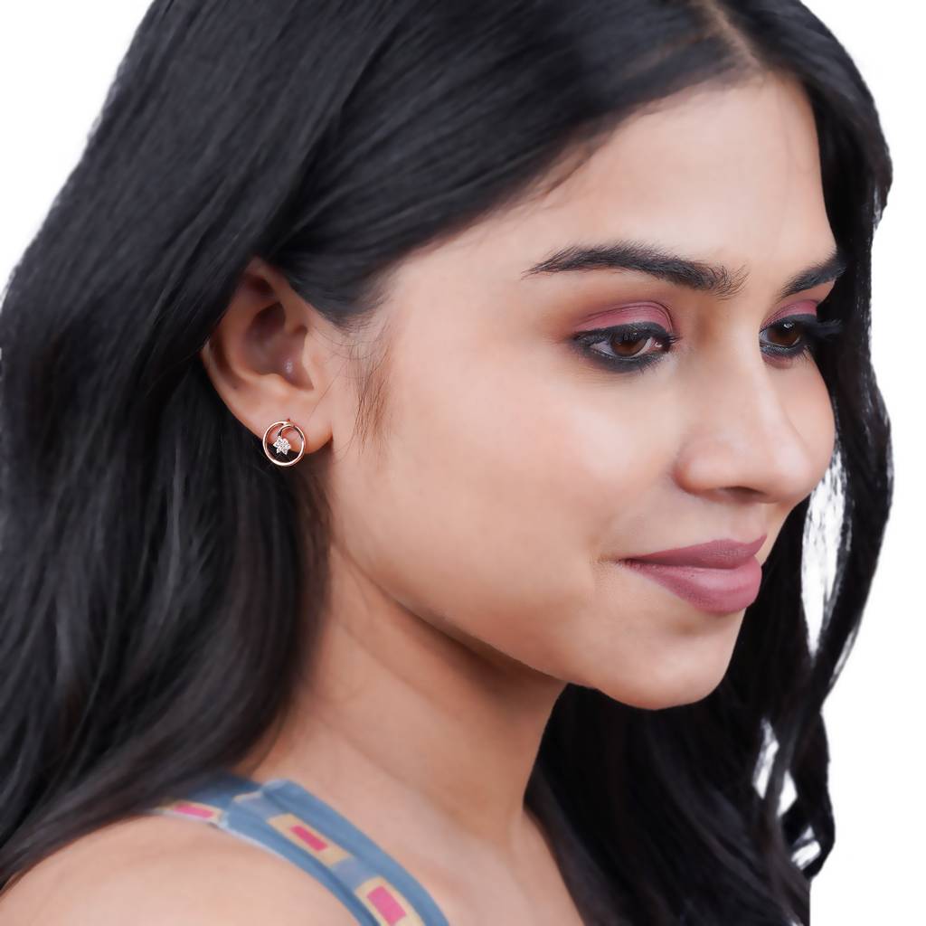 Rose Gold Circle Casual Flower Stud Earrings : ZLE-1085R