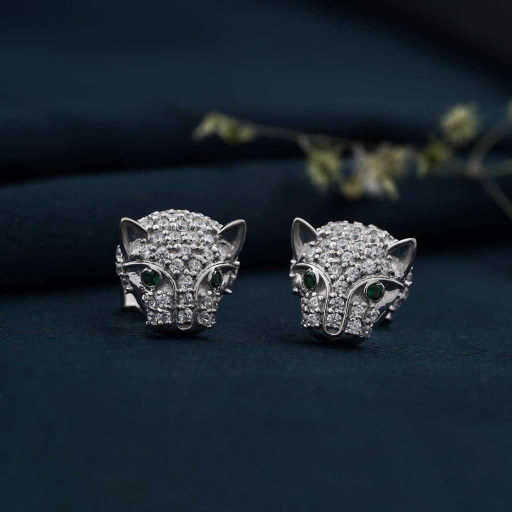 Silver Green Panther Stud Earrings : ZLE-1086
