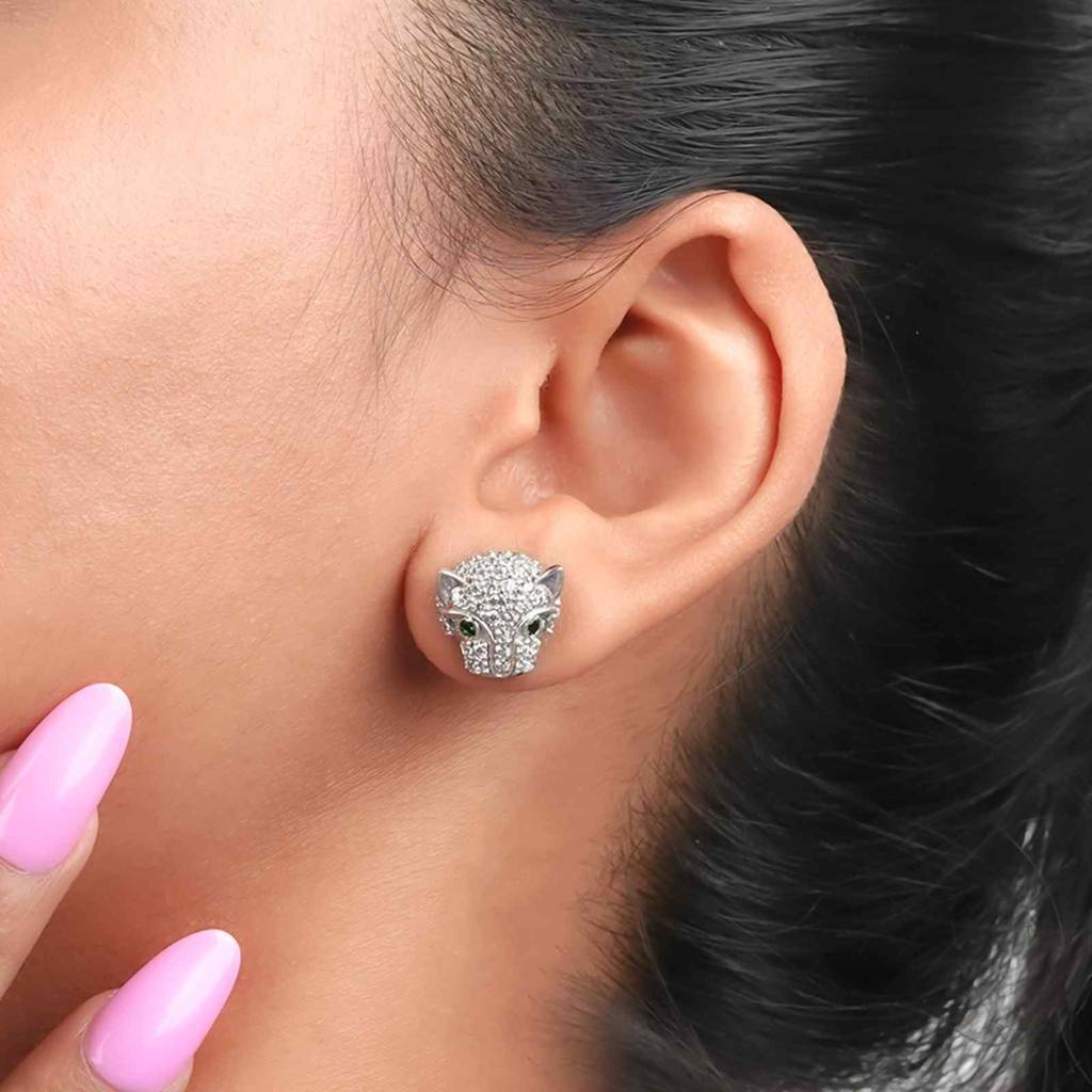 Silver Green Panther Stud Earrings : ZLE-1086