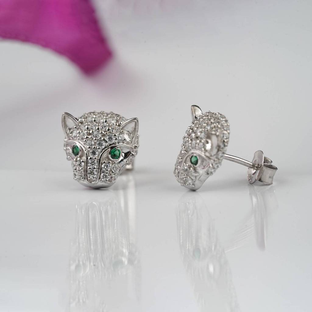 Silver Green Panther Stud Earrings : ZLE-1086