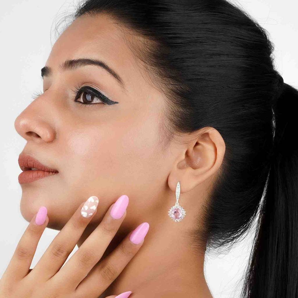 Silver Pink Shiny Drop Earrings : ZLE-1091