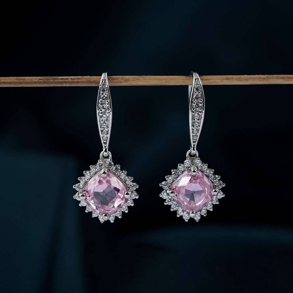 Silver Pink Shiny Drop Earrings : ZLE-1091