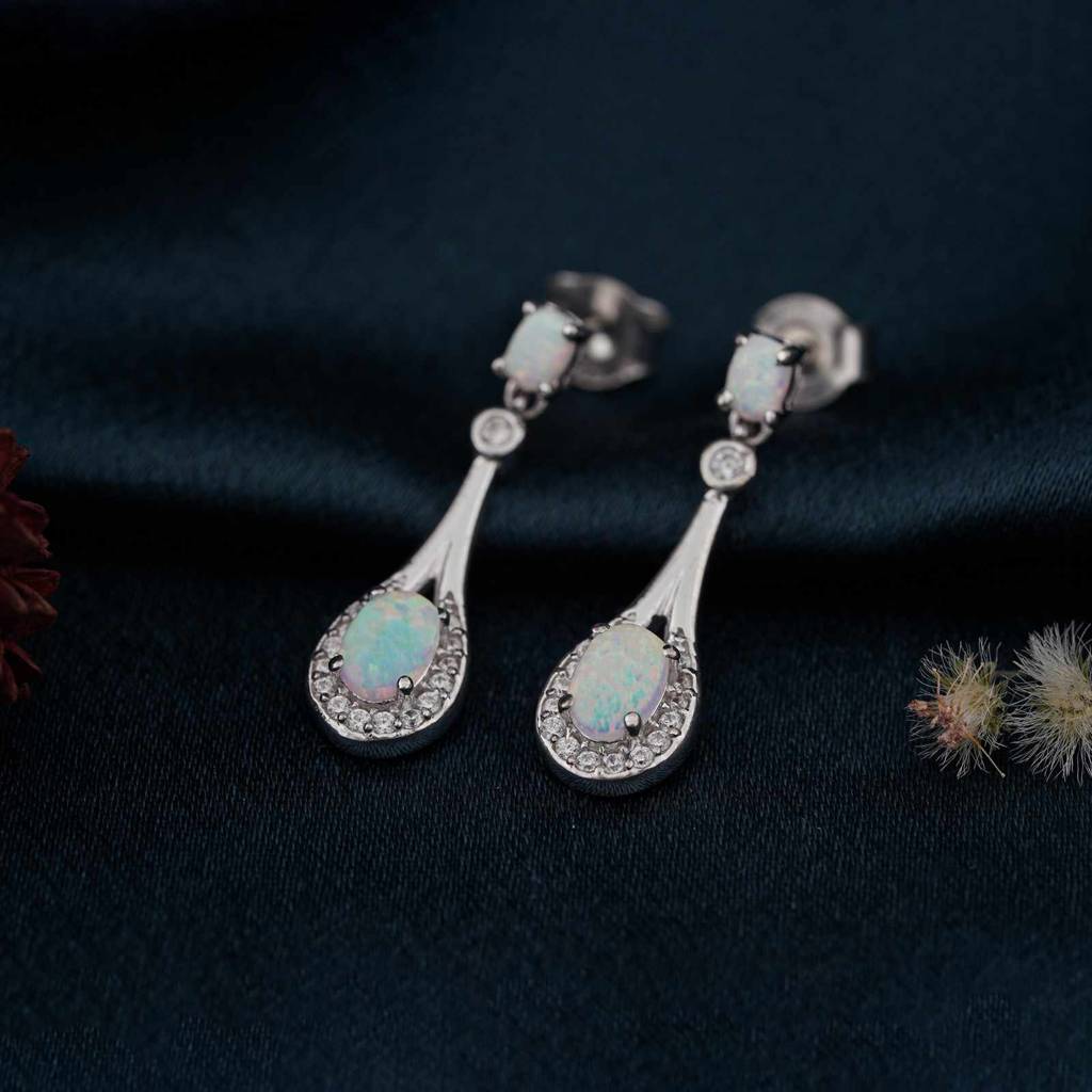 Silver Teardrop Opal Earrings : ZLE-1098