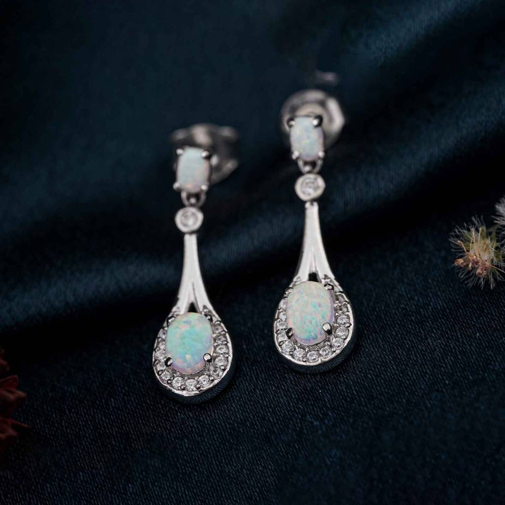 Silver Teardrop Opal Earrings : ZLE-1098
