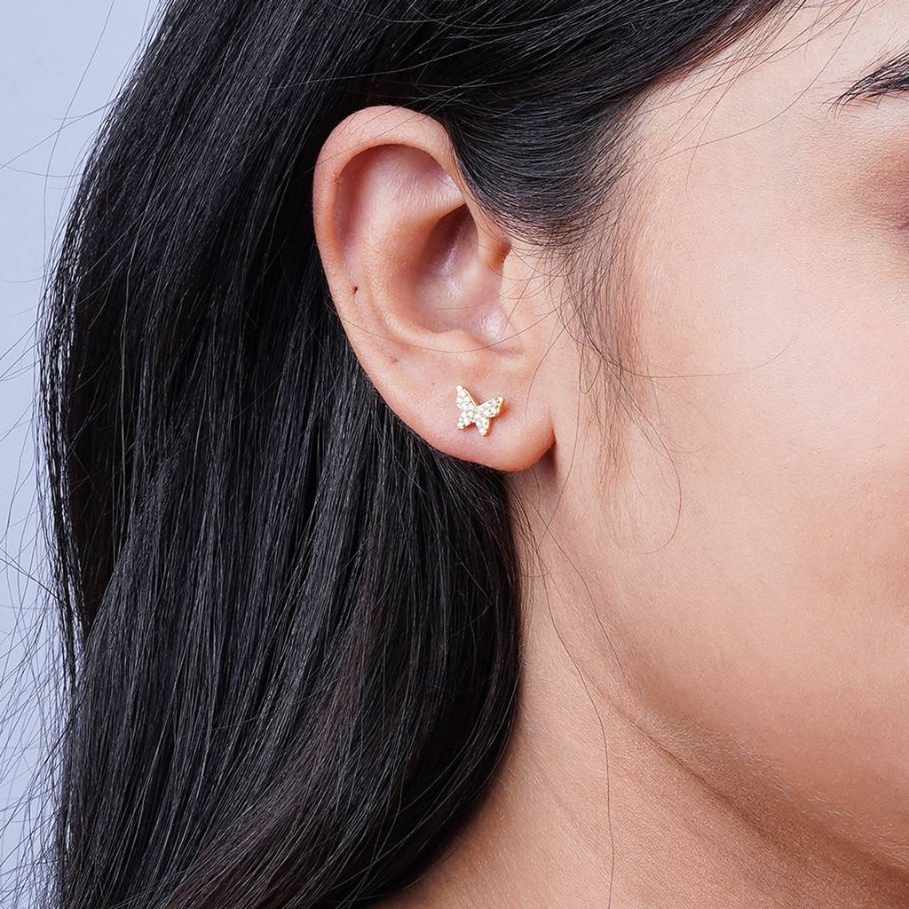 Golden Butterfly Cubic Zirconia Stud Earrings : ZLE-1104Y