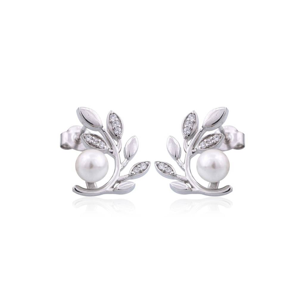 Silver Pearl Leaf Stud Earrings : ZLE-1125