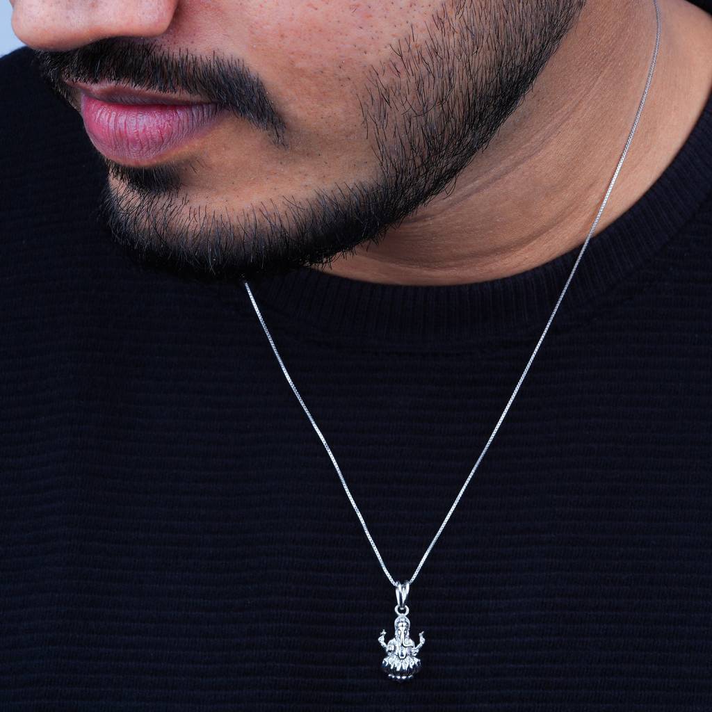 Silver Lord Ganesha Sitting On Lotus Pendant : ZLGDP-1020