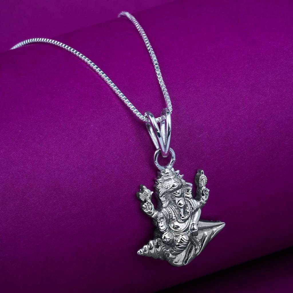 Silver Deva Shree Ganesha Sitting On Shankh Pendant : ZLGDP-1025