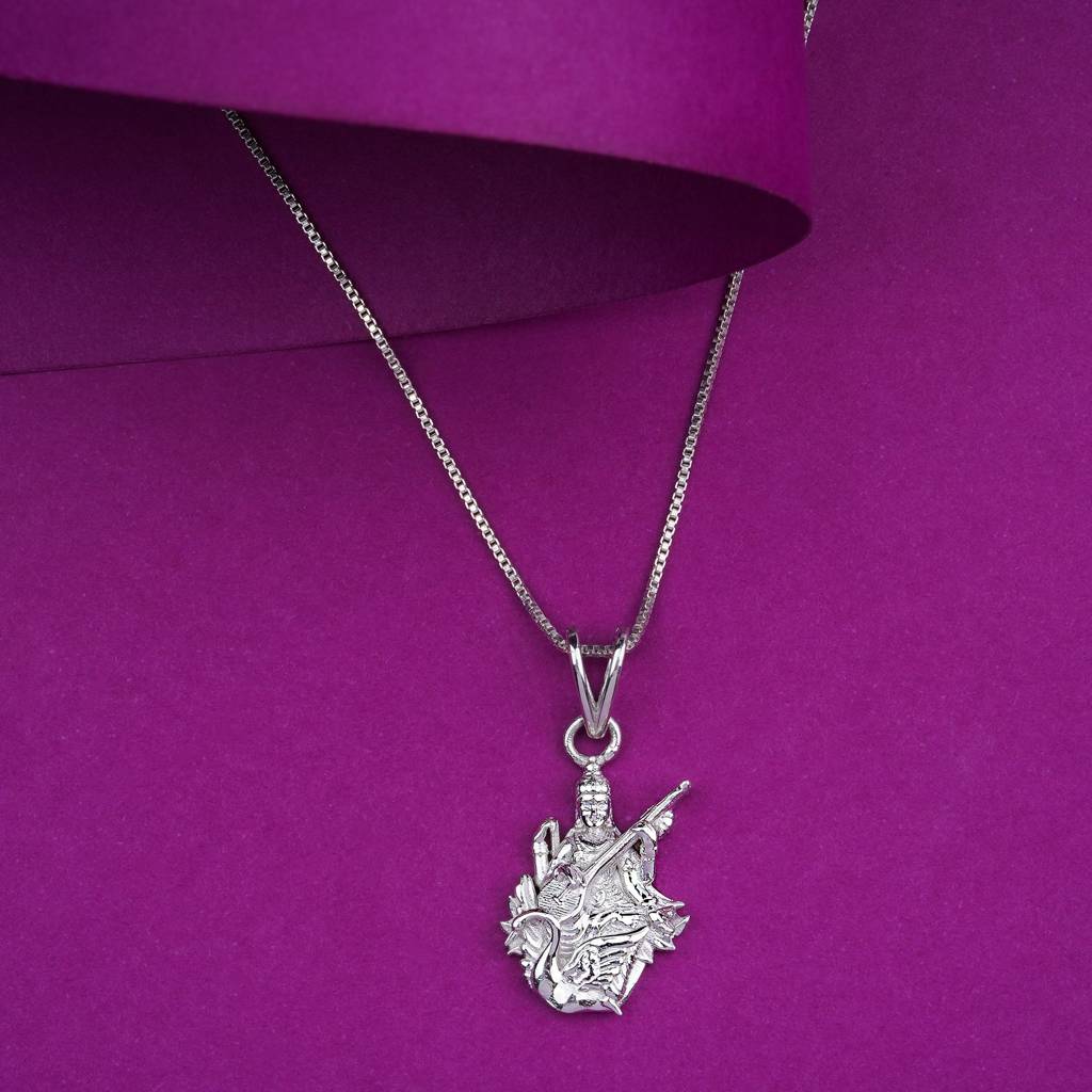 Silver Maa Saraswati With Veena Pendant : ZLGDP-1047