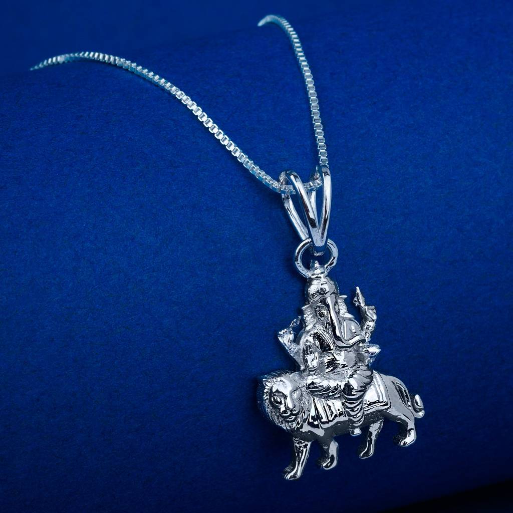 Silver Deva Ganesha Sitting On Lion Siver Pendant : ZLGDP-1050