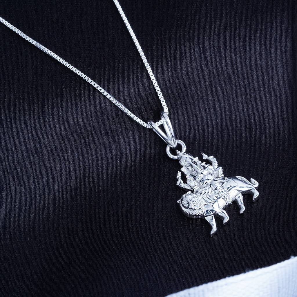 Silver Deva Ganesha Sitting On Lion Siver Pendant : ZLGDP-1050